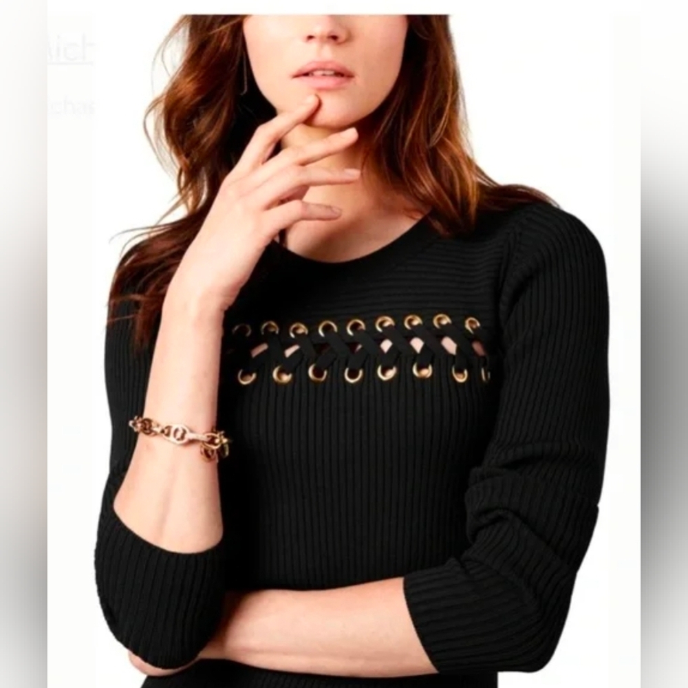 MICHAEL Michael Kors Black Ribbed Lace-Up Sweater Dress – Size M